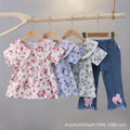 Floral print short-sleeve summer outfit for girls (0-4 years) - includes blouse with shoulder ruffles and denim pants