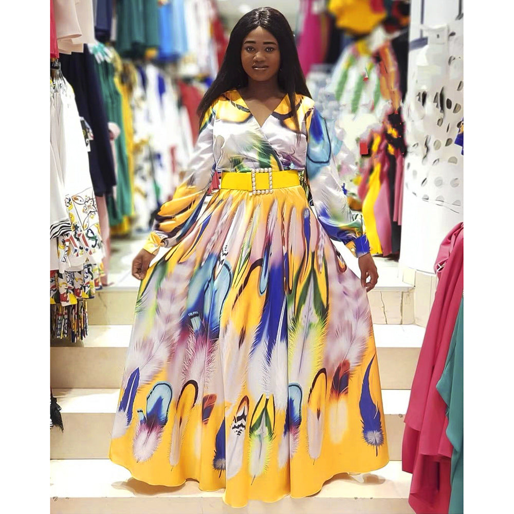 Kayaat clothing new arrival waist slimming look tall and slim oversized graffiti chiffon v neckdress african women's clothing plus size
