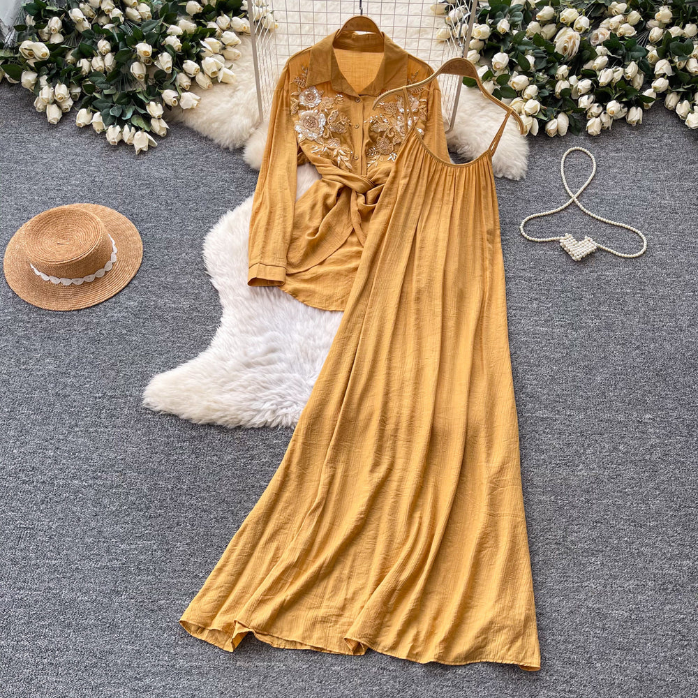 Gentle and lazy style embroidershirt suspender skirt two-piece set for women  spring autumslimming lookelegantfashionsuit