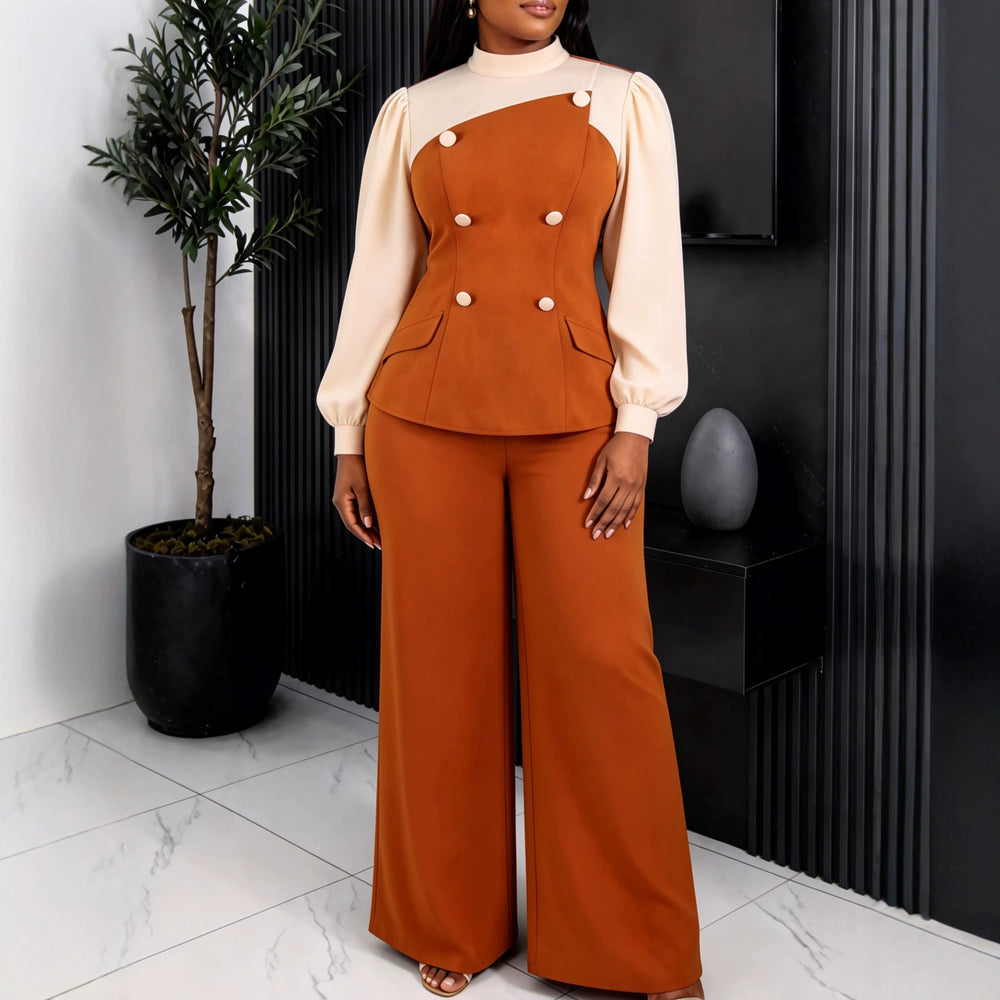 Autumn new color block casual two-piece set: chic commute patchwork waist ruffle top and wide-leg pants outfit