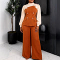 Autumn new color block casual two-piece set: chic commute patchwork waist ruffle top and wide-leg pants outfit