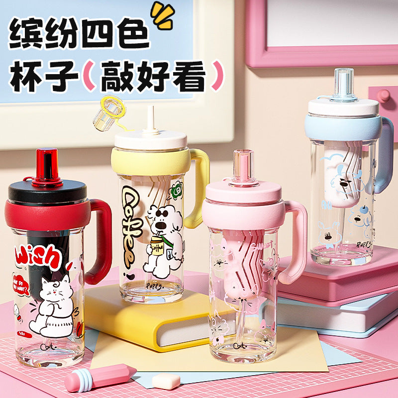 New arrival cartoon jumbo ice cup straw coffee cup large capacity with tea drain high temperature resistant handle straw water cup