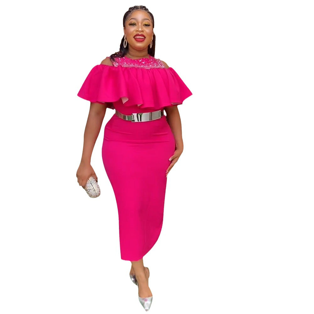 new european and american export hot seller  african plus size fashion women's ruffle dress with belt