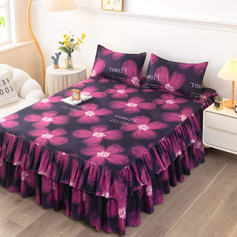 Solid color new light luxury minimalist embroidered single bed skirt fitted sheet non-slip bedspread four seasons princess style single piece
