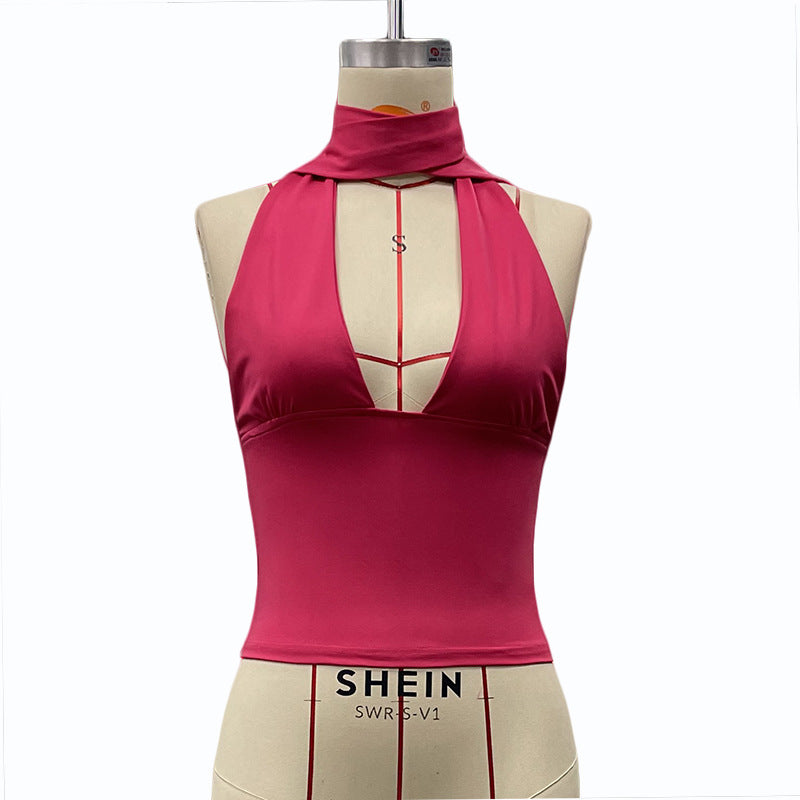 summer hot-selling european and american cross-border women's fashion: solid color sexy deep v backless slim-fit camisole top with tie neck