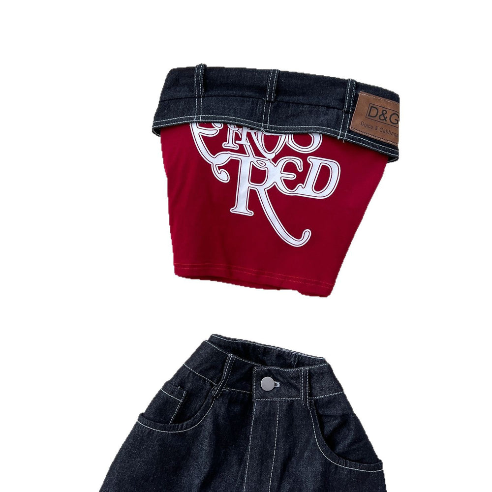 American style women's summer outfit: sexy & spicy letter embroidered sleeveless bandeau top with high-waisted denim wide-leg casual pants