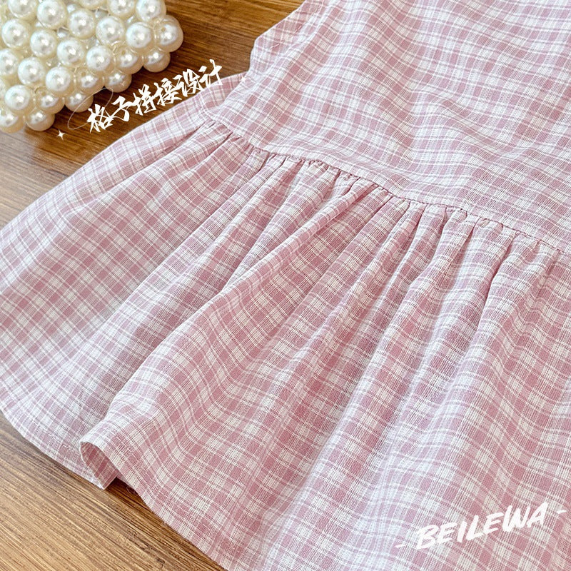 Girls' summer new korean style pink plaid shorts set - stylish and trendy baby girl outfit, kids' clothing, fashionable children's wear