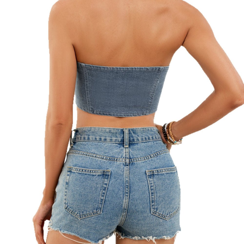Fashion cross-border foreign trade new  independent station washed zipper off-shoulder slim fit denim sexy tube top for women