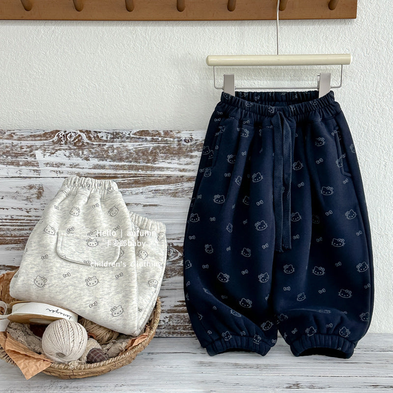 Fleece-lined pants spring & fallnew arrival cartoon kt cat bloomers thickenedcasualeasiest for match sweatpants boys pants trendy