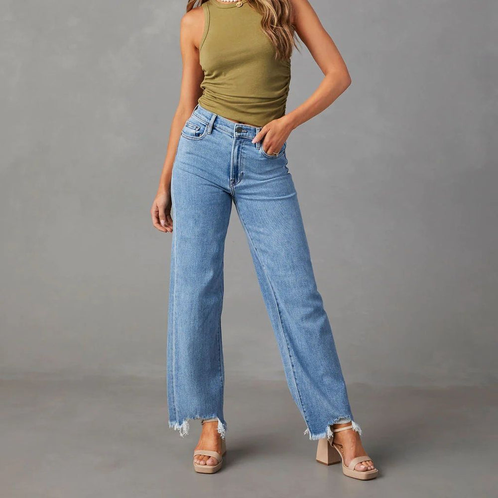 European and american distressed jeans for women - new  style loose wide leg streetwear washed denim pants