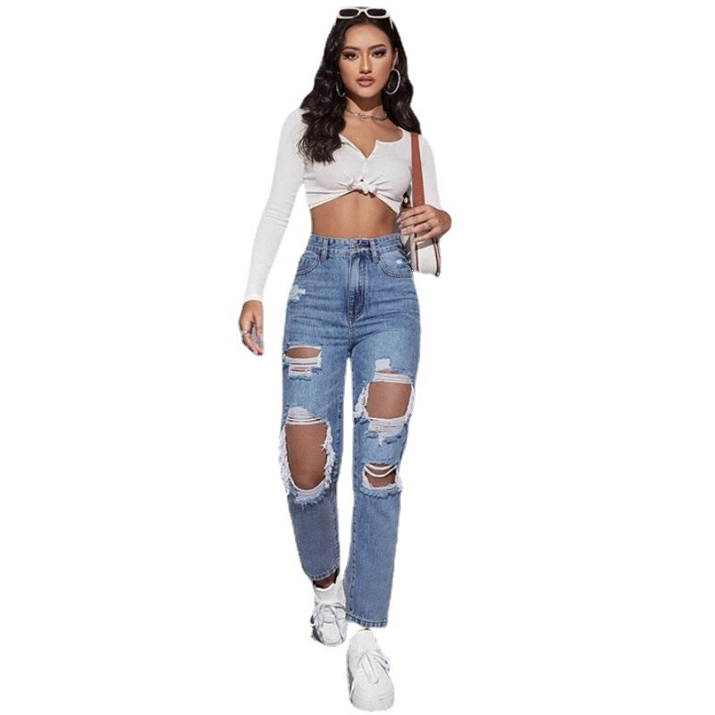 Amazon  distressed jeans for women - new european and american trendy washed ripped high-waisted straight-leg pants
