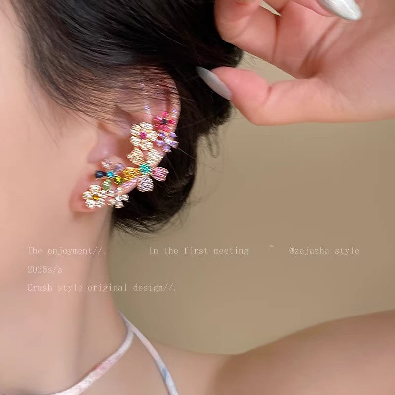 Dopamine colorful full diamond flower stud earrings all-in-one ear bone clip women's giant beautiful earrings niche design earrings