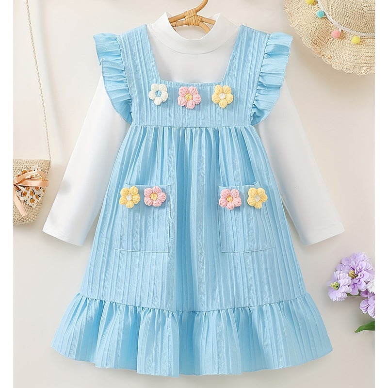 Autumgirldress sky blue cute flying sleeves knittingstereo flower embroiderlong sleeves bottom shirttwo-piece set