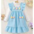 Autumgirldress sky blue cute flying sleeves knittingstereo flower embroiderlong sleeves bottom shirttwo-piece set