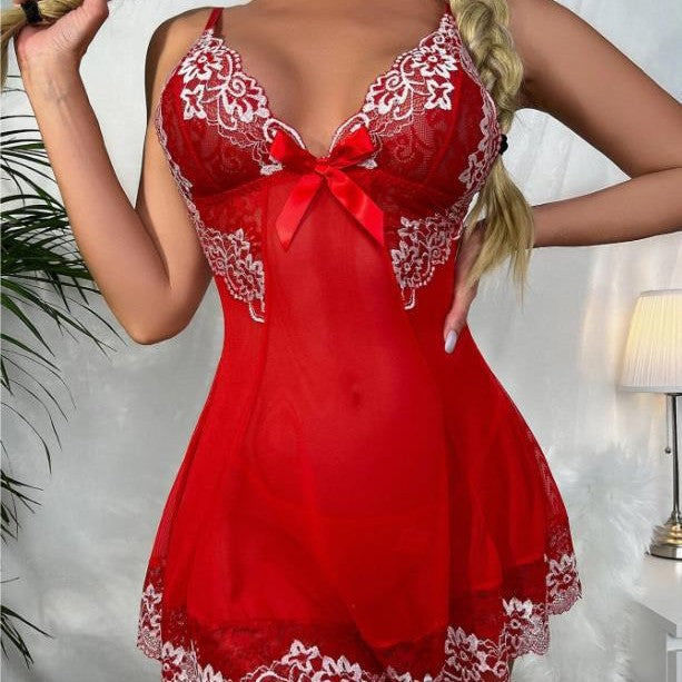 Wholesale foreign trade sexy lingerie nightwear lace mesh nightgown valentine's day red festive suspender dress