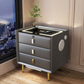 Solid wood three-drawer nightstand, dark grey finish, with wireless charging, tri-color lighting, usb port, bluetooth speaker, and fingerprint lock