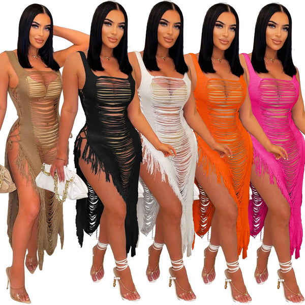2023  sexy knitted hollow beach blouse fringed bikini swimsuit beach skirt sunscreen shirt