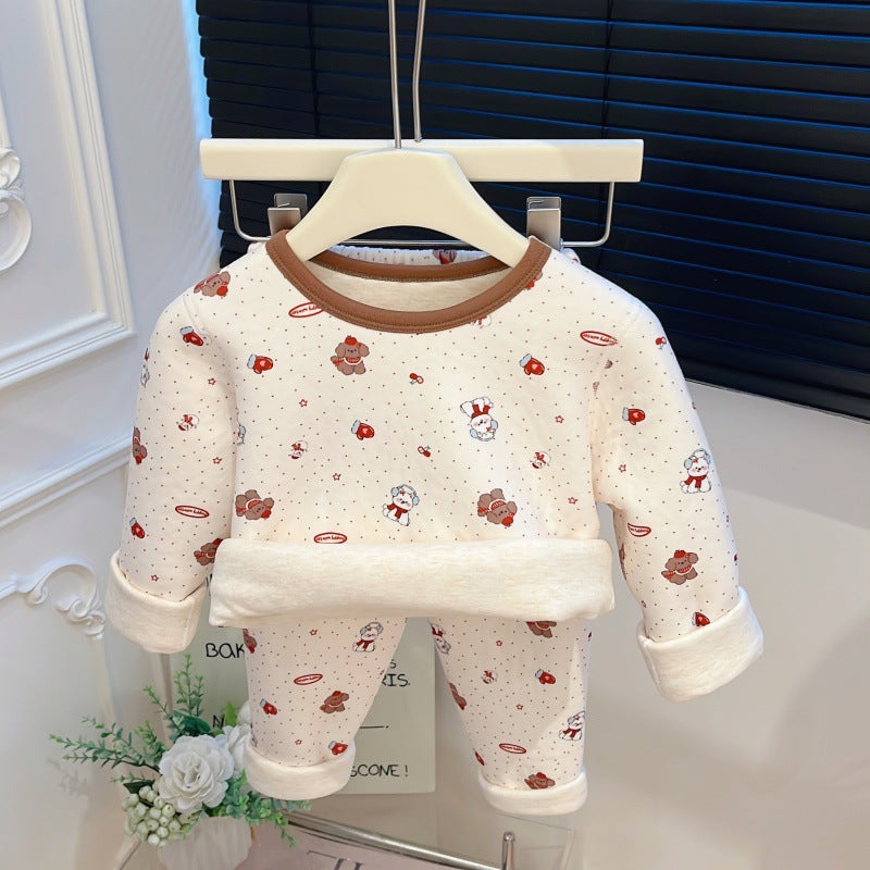 Autumn wintergirlthickened home wear suit baby heattech autumn clothes and long trousers trendy pajamas kids clothes children's clothing