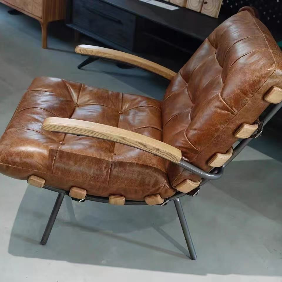 Vintage-style ribbed back casual chair, retro oil wax leather sofa chair, creative art lazy chair, designer negotiation chair