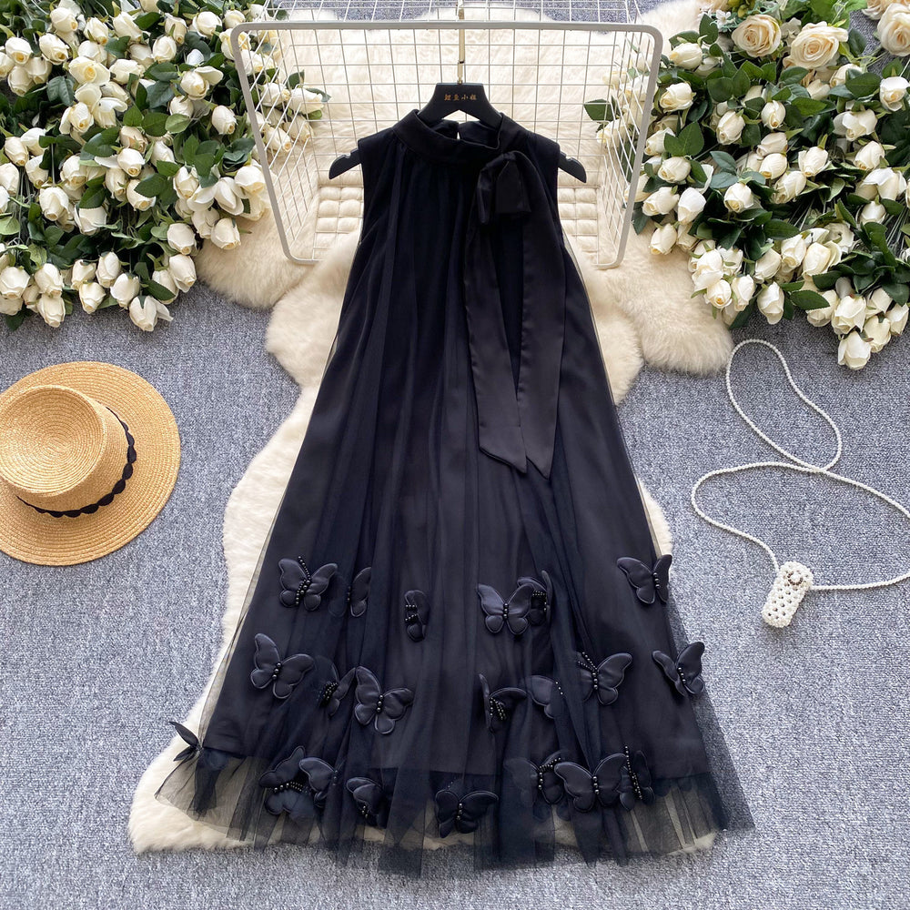 Gentle wind neckline bows strap halter sleeveless dress female french stereo butterfly mesh fairy dress