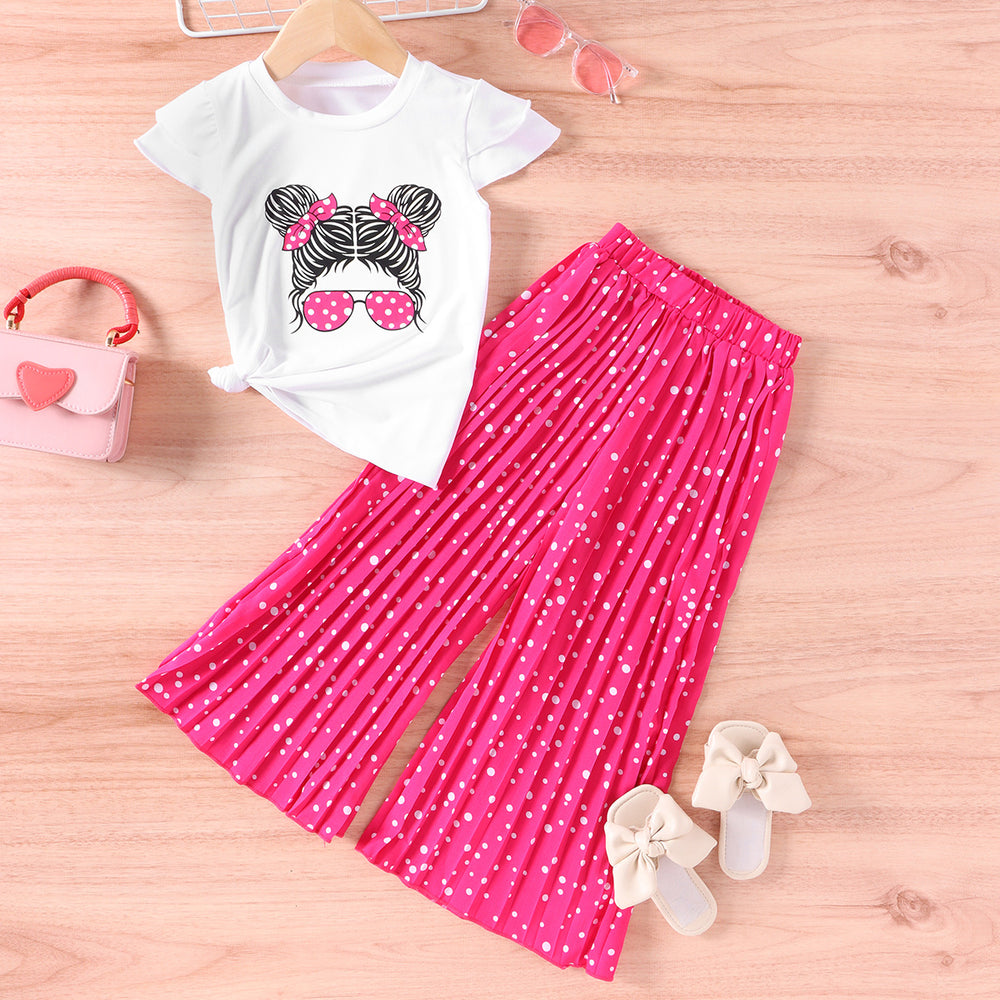 cross-border hot girls' summer new cartoon character graphic short-sleeve top + wide-leg pants casual two-piece set wholesale
