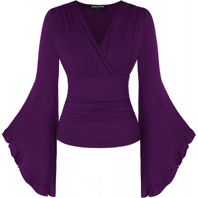 Amazon fashion pure desire v neck bell sleeve shirt  spring new style wrapped casual ruffle tops