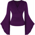 Amazon fashion pure desire v neck bell sleeve shirt  spring new style wrapped casual ruffle tops