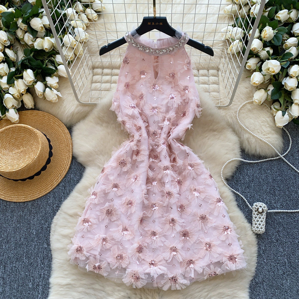 Korean style "chaebol daughter" inspired sequin dress - sleeveless halter neck, a-line, and cinched waist