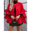 women's ruffle sleeve cape oversized coat - stand collar, single button, relaxed fit