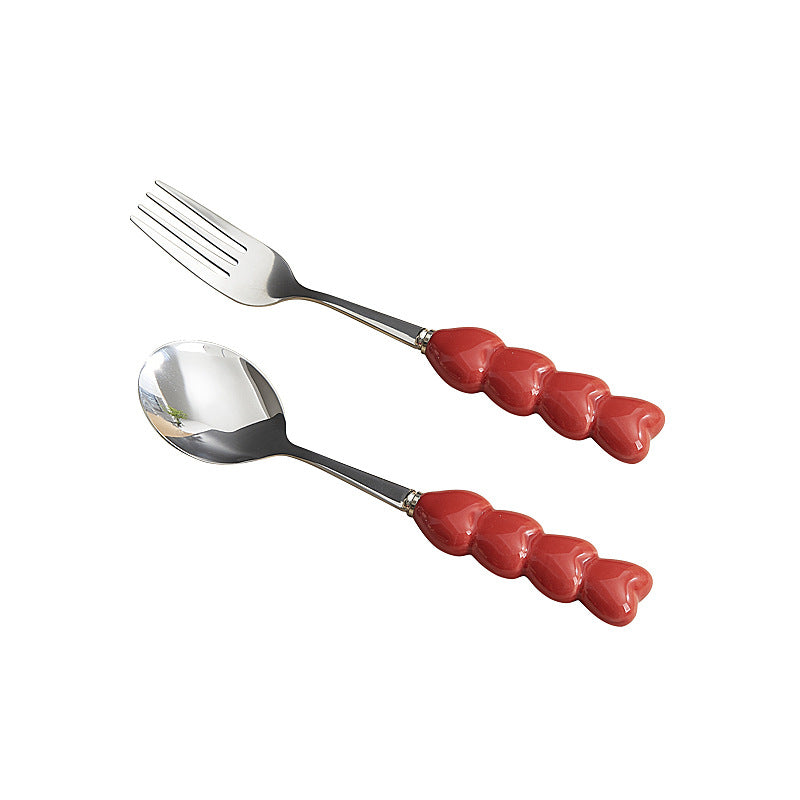 Heart-shaped ceramic stainless steel fork and spoon set - high-temperature underglaze decoration - wedding & celebration dinnerware - wholesale