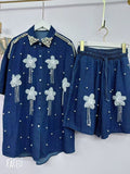 new european style heavy-duty denim set for women: designer cardigan and shorts, unique, fashionable, and relaxed fit two-piece outfit