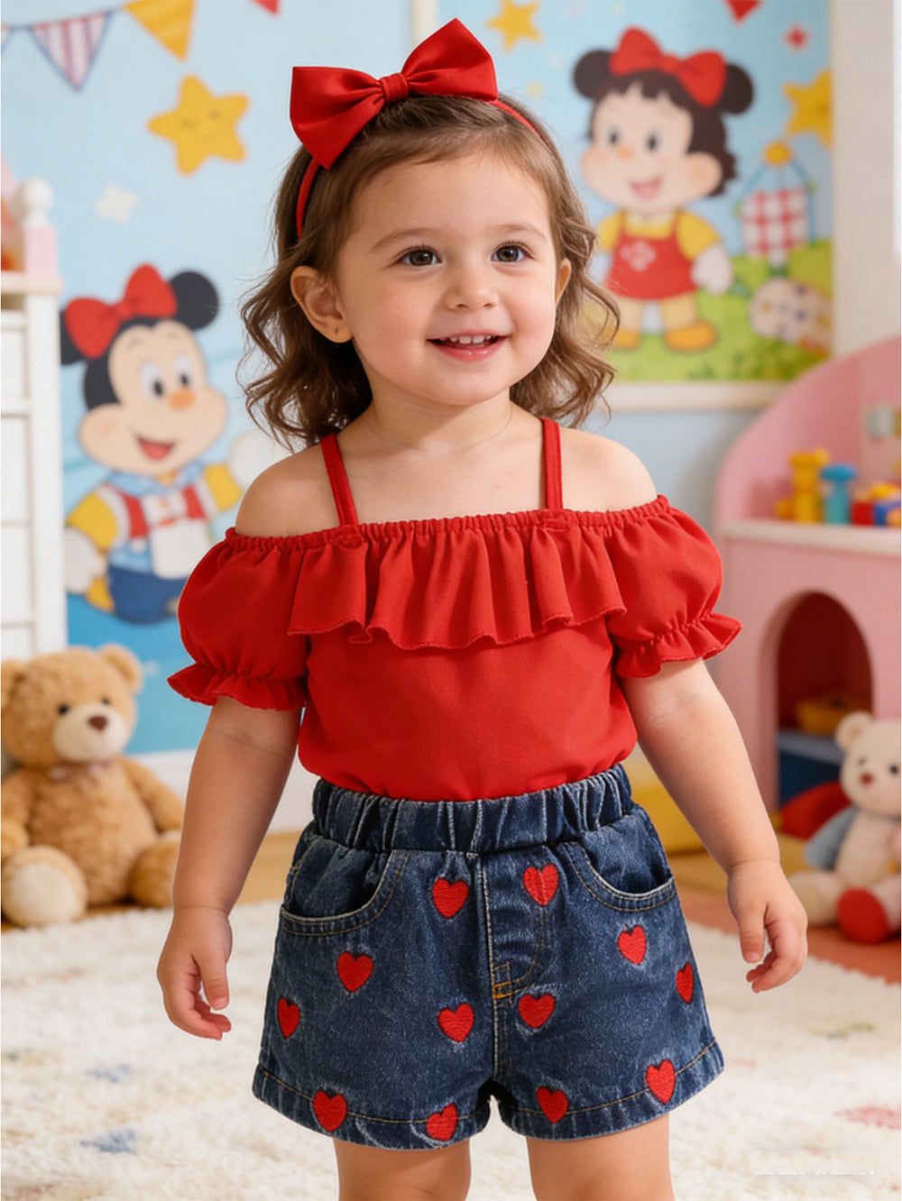hot selling baby girl one shoulder ruffle suspender tops+love embroidered denim short suit with headscarf