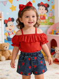 hot selling baby girl one shoulder ruffle suspender tops+love embroidered denim short suit with headscarf