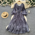 French chic lantern sleeve v-neck dress - women's summer korean style tie-waist slimming a-line maxi dress - elegant