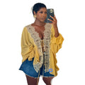 European and american cross-border women's clothing:  summer new arrival - elegant design v-neck tie-up lace patchwork loose blouse