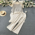 Korean style chic casual two-piece set for women - autumn/winter loose v-neck striped knit top + elastic waist flowy trousers