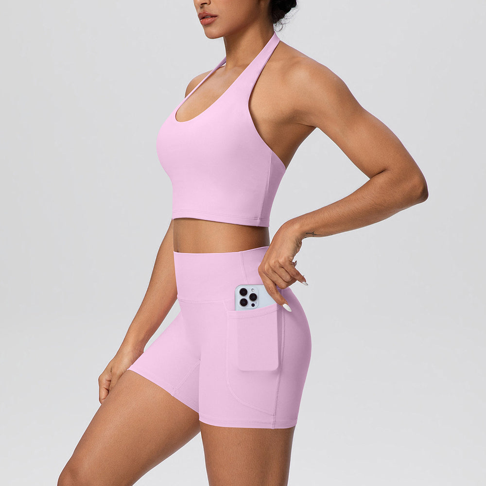 New arrivalnude halter back high waist hip pocketshorts yoga wear tight sports suit running fitness wear