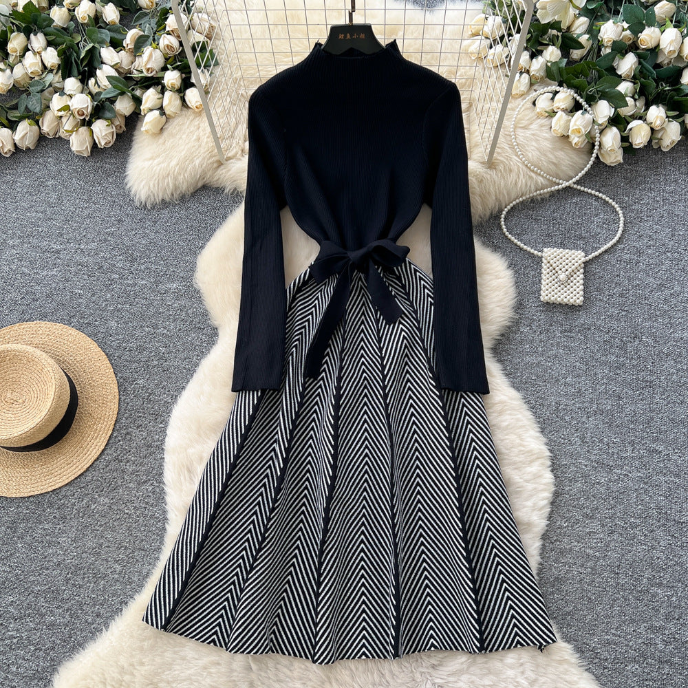 Xiaoxiangfengclassy contrast colorbows strappy long sleevesdress women's metal buckle waist slimming lookknitting short skirt
