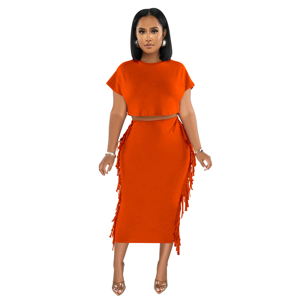 X6331 cross-border   fashion women's solid color tassel crew neck short sleeve maxi dress two-piece set