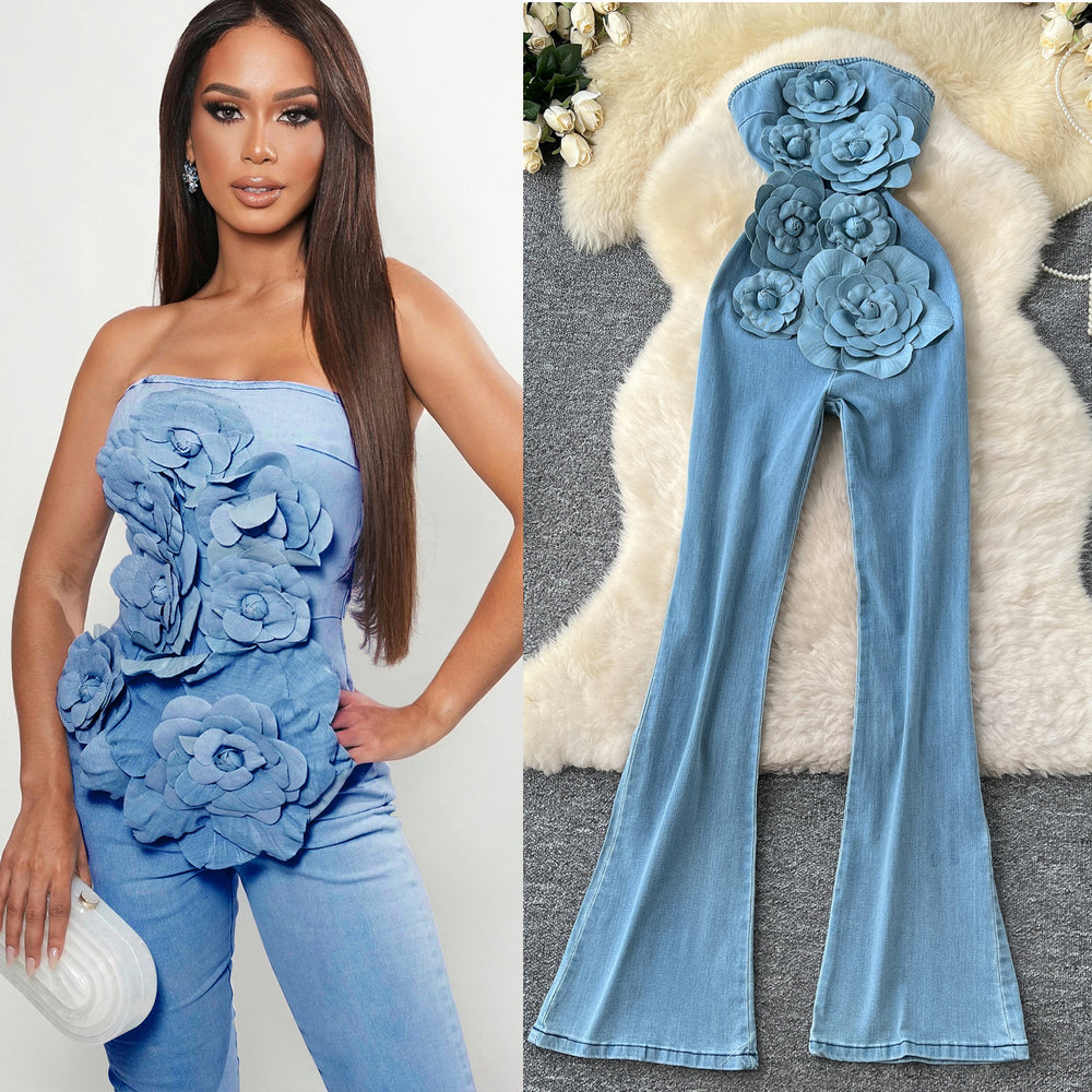 Spring and summer fashionins heavy industry stereo flower sleeveless tube top waist silm denim jumpsuit flared pants for women