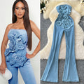 Spring and summer fashionins heavy industry stereo flower sleeveless tube top waist silm denim jumpsuit flared pants for women