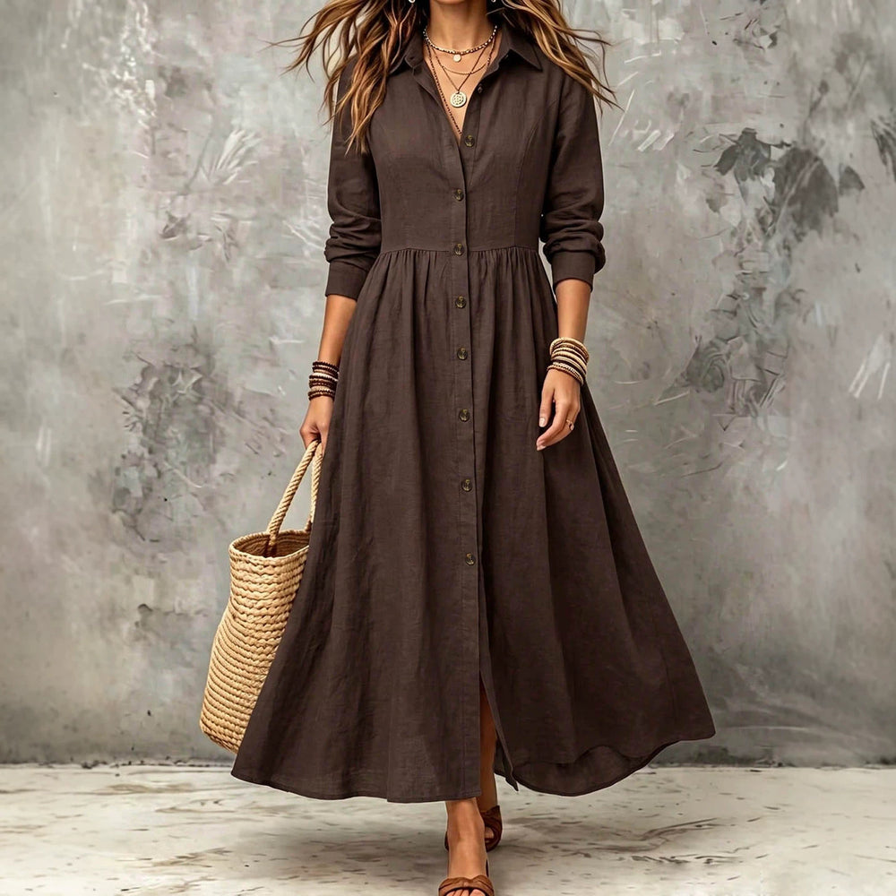 Plus size women's vintage shirt dress - long sleeve, button-down, notched collar, buttoned waist, pleated, flowy, loose fit, vacation style
