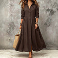 Plus size women's vintage shirt dress - long sleeve, button-down, notched collar, buttoned waist, pleated, flowy, loose fit, vacation style