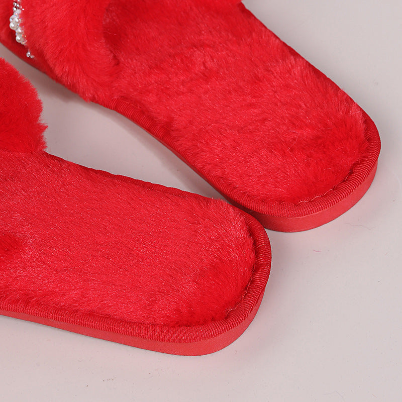 autumn and winter new arrivalk-style imitation rabbit stuffed fish mouth flower cotton slippers soft bottom home pure color cotton slippers dropshipping