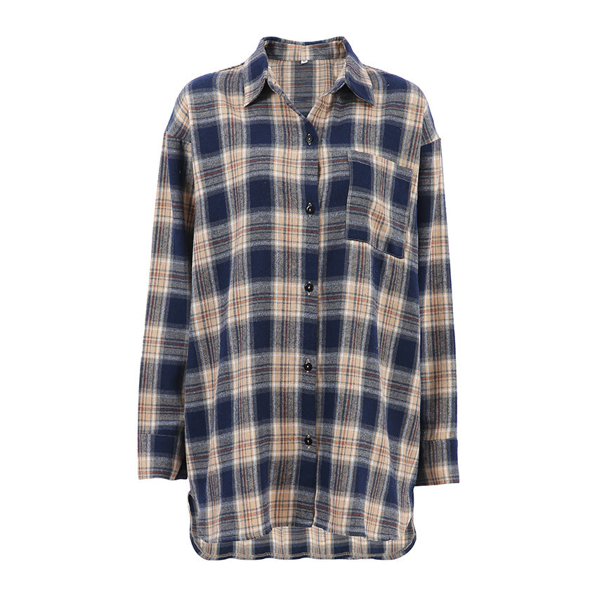 Cross-border European and American casual contrasting color plaid shirt women's 2024 autumn oversize loose medium and long cardigan shirt