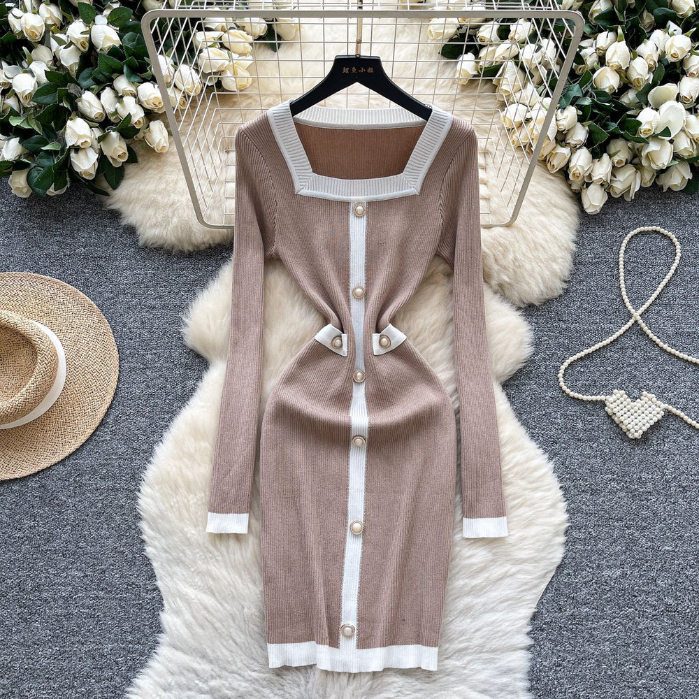 Frenchclassy small fragrant fashionablecontrast color square collar pearl button silmdress women's waist bag hip knitting skirt