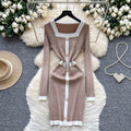 Frenchclassy small fragrant fashionablecontrast color square collar pearl button silmdress women's waist bag hip knitting skirt