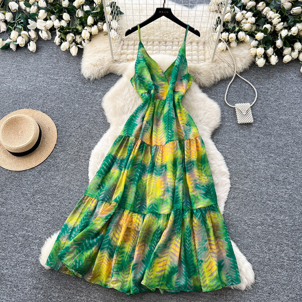 Vacation style v neckhalter suspender dress women's summerk-style sleeveless sexy waist slimming lookprinting long skirt