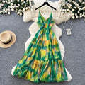 Vacation style v neckhalter suspender dress women's summerk-style sleeveless sexy waist slimming lookprinting long skirt