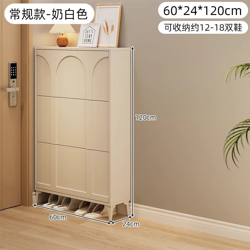Ultra-thin tipping shoe cabinet cream style for home door small narrow entrance door shoe cabinet space-saving entrance cabinet all-in-one shoe rack